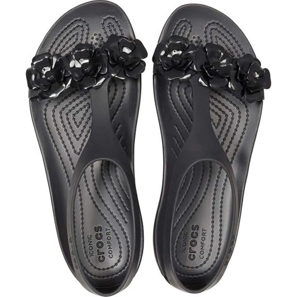 Crocs Serena Black Flower Embellished Thong Sandals Comfort Size 9